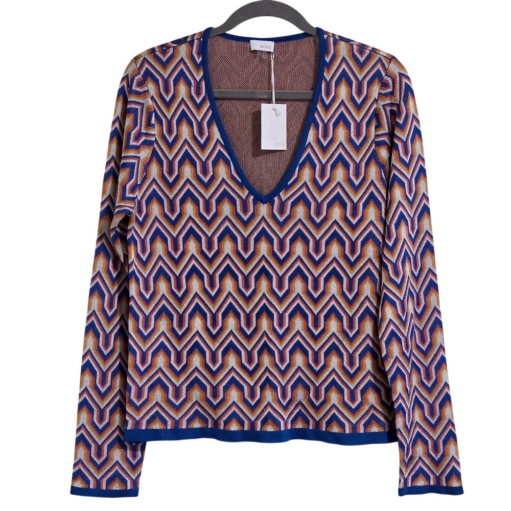 Ecru Missoni Style Stitch V Neck Knit Sweater Resort Multi Women's Sz Large New
